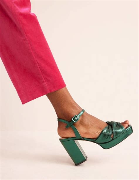 Twist Front Heeled Platforms Winter Green Metallic Leather Boden EU