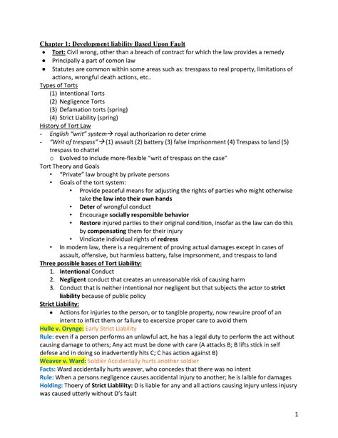 Torts Outline Chapter 1 Development Liability Based Upon Fault Tort