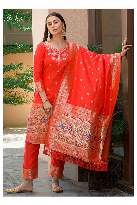 Hot Red Paithani Zari Woven Banarasi Silk Pant Kameez