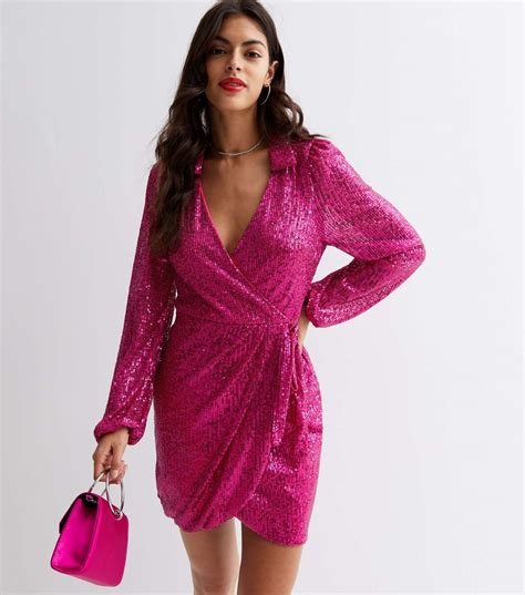 Bright Pink Sequin Collared Long Sleeve Mini Wrap Dress New Look