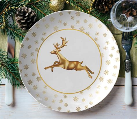 Christmas Plate Set Reindeer Dinner Plate Gold Christmas Plate Holiday ...