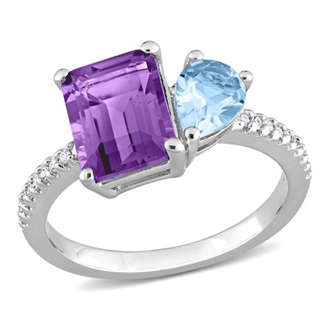 3 110 Ct Tgw Amethyst And Sky Blue Topaz With 110 Ct Tw Diamond Toi Et Moi Ring In Sterling