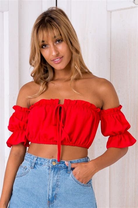 Blusas Summer Slash Short Slash Neck Lantern Sleeve Solid Red Off