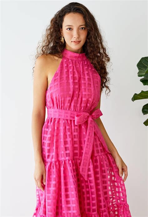 Check Halter Neck Tie Waist Maxi Dress In Hot Pink Retro Indie And