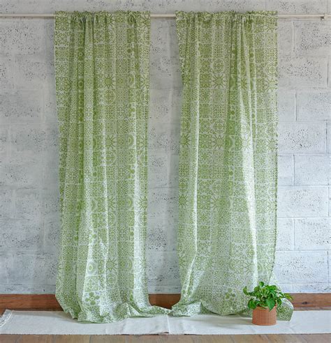 Buy Customizable Sheer Curtain Slub Cotton Tiles Print Green Thoppia