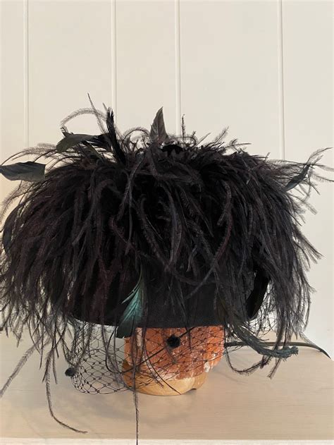 Black Feather Hat Vintage Feather Hat With Vail Pillbox Etsy