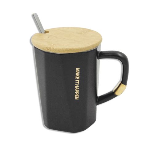 Patterned Black Glass Mug With Spoon And Wooden Lid Freeshop