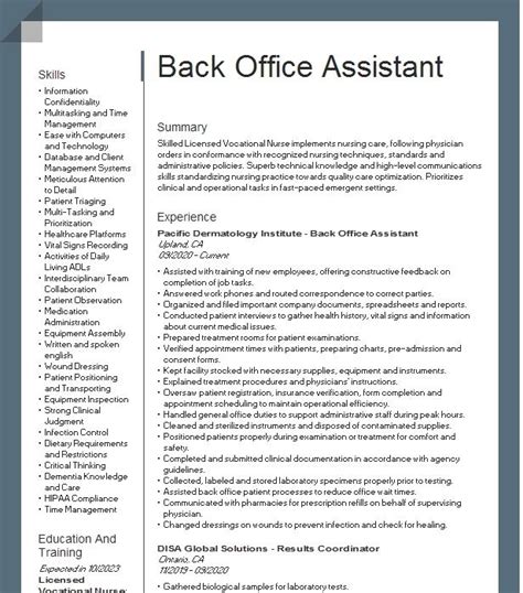 Back Office Assistant Resume Example