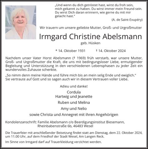 Alle Traueranzeigen für Irmgard Christine Abelsmann trauer rp online de