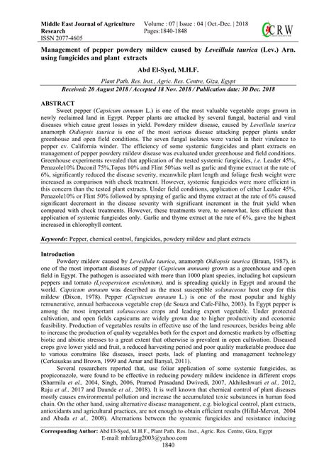 Management Of Pepper Powdery Mildew Caused By Leveillula Taurica Lev