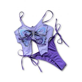 Emmiol Free Shipping 2023 Lace Up Butterfly Bikini Set Purple S In