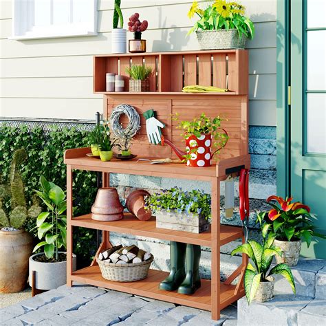 Buy Potting Bench Table With 4 Storage Shelves And Side Hook Polibi 65 Large Wooden Farmhouse