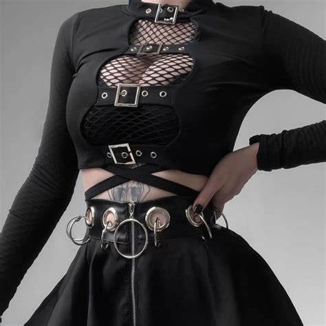 Hollow Out Buckle Long Sleeve Crop Top In 2022 Edgy Outfits Gothic