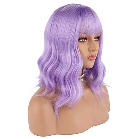 Enilecor Lavender Purple Wig Short Colorful Wavy Bob Wigs With Air Bangs 12 Natural Wigs For