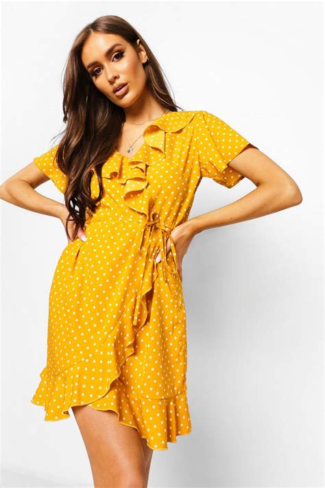 Woven Polka Dot Wrap Front Ruffle Tea Dress Boohoo