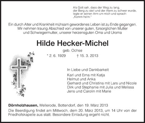 Traueranzeigen Von Hilde Hecker Michel Trauer Hna De