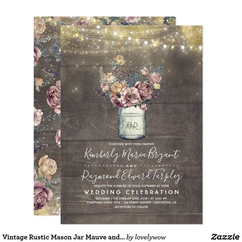 Vintage Rustic Mason Jar Mauve And Gold Wedding Invitation Zazzle