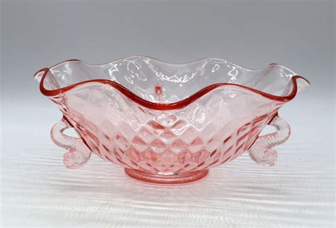 Very Pretty Pink Diamond Optic Footed Bowl By Fenton Vintage Elegant Art Glass With Dolphin