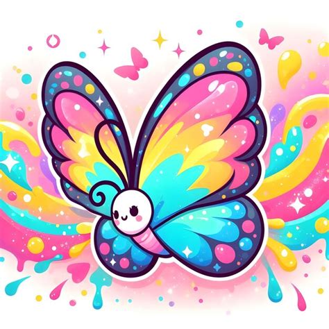 Linda Mariposa De Dibujos Animados Con Alas De Arco Iris En Fondo Rosa