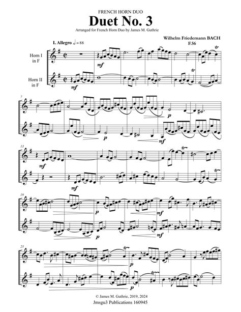 WF Bach Duet No 3 For French Horn Duo Arr James M Guthrie Sheet