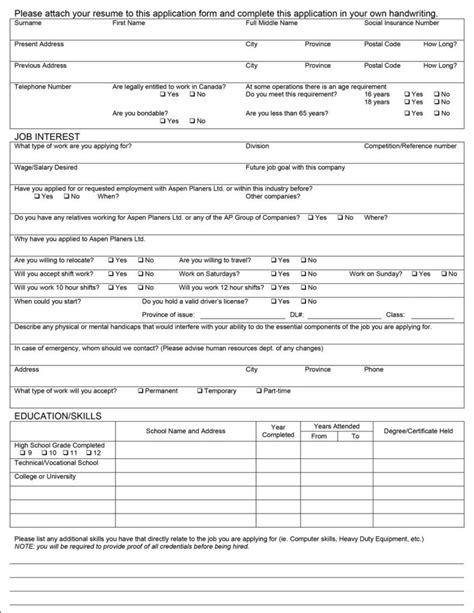 Standard Application For Employment Printable