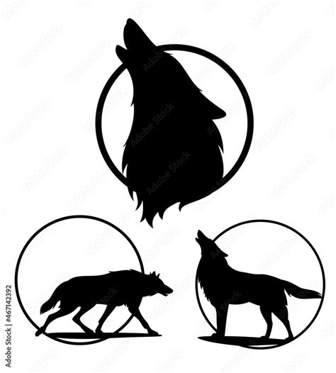 howling and running wolf side view and profile head - black and white vector silhouette design ...