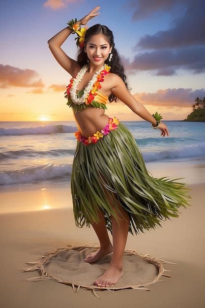 Premium Photo Sunset Photo Of Beautiful Hawaiian Hula Dancer In Grass Skirt Bare Feet On Beach