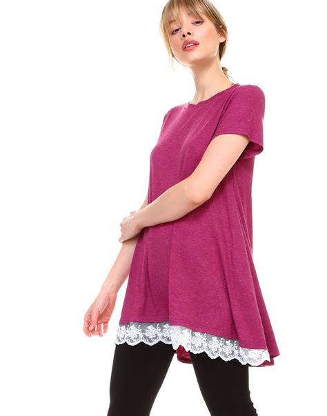 Women Lace Trim Short Sleeve Casual Flare Tunic Tops Cotton Blend Shop Lev