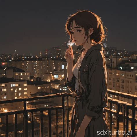 Lonely Anime Girl Smoking on Balcony in PostSoviet Night Scene | SDXL Free Online