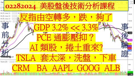 美股盤後課程！反指由空轉多，跌，夠了！gdp 3 2 略低預期！pce 通膨壓抑？ai 類股，捲土重來tsla 套太深，洗盤，下車crm Ba Aapl Goog Alb 02282024