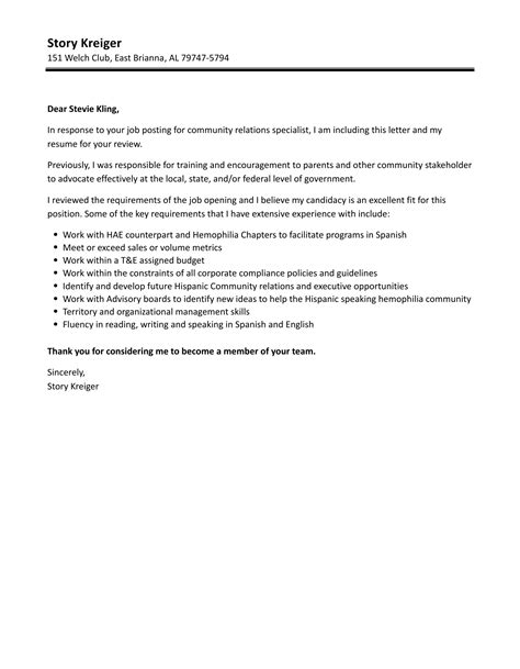 Community Relations Specialist Cover Letter Velvet Jobs