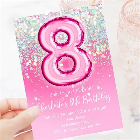 8th Birthday Invitation Editable Pink Glitter Birthday Etsy