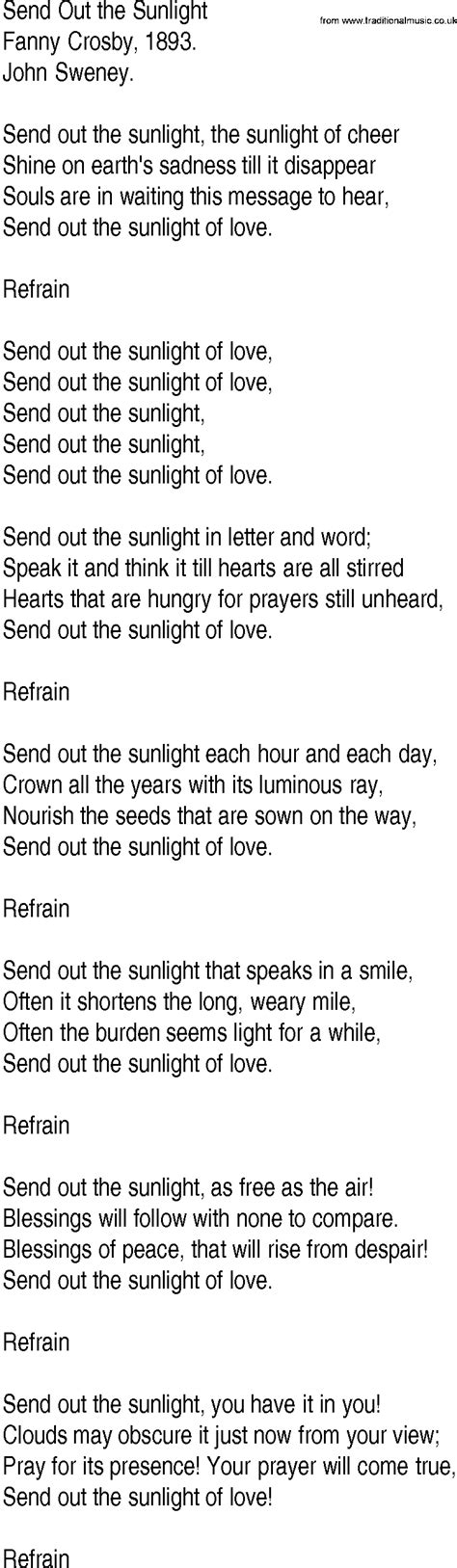 Hymn And Gospel Song Lyrics For Send Out The Sunlight By Fanny Crosby