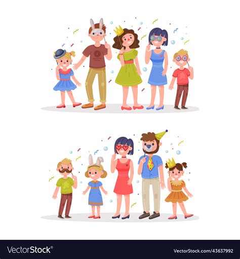 Set Of Happy Families In Carnival Masks Parents Vector Image