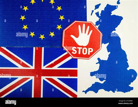 Flag Of Eu Flag And Map Of Great Britain With Stop Sign Brexit Stock