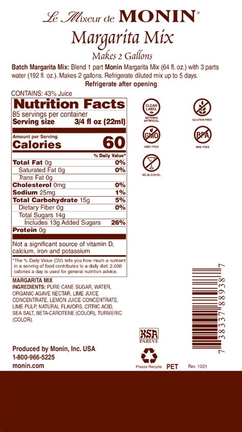 Monin Margarita Mix Syrup 64oz Beanwise