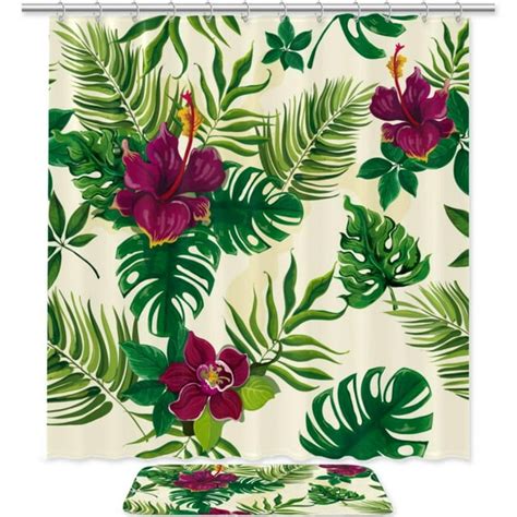 Ownni Tropical Plants Rosy Flowers Leaves Pattern Pongee Shower Curtain