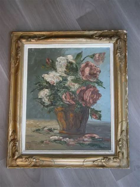 Pittura Olio Su Tela Mazzolino Di Rose Art Deco Fiori Natura Morta F