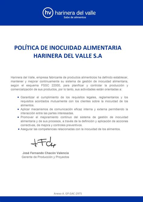 Pol Tica De Inocuidad Alimentaria Harinera Del Valle S A Harinera