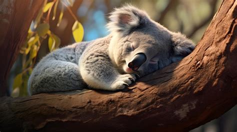 Premium Ai Image Sleepy Koala Clinging To A Eucalyptus Tree Branch