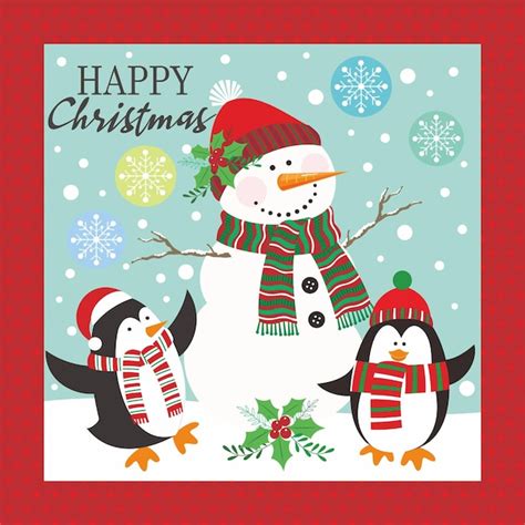 Premium Vector A Christmas Card With A Snowman And Penguins