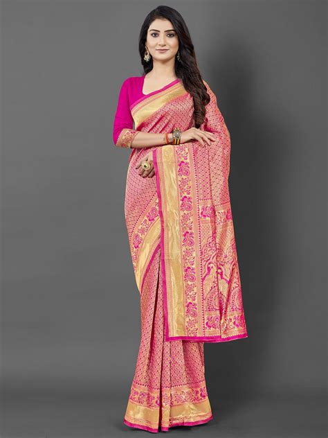 Buy KALINI Pink Gold Toned Woven Design Zari Silk Blend Banarasi