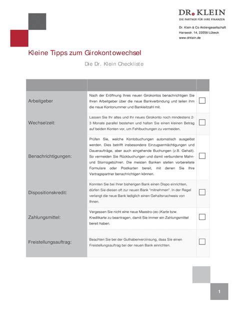 Fillable Online Drklein Checkliste Girokontowechsel Dr Klein Fax