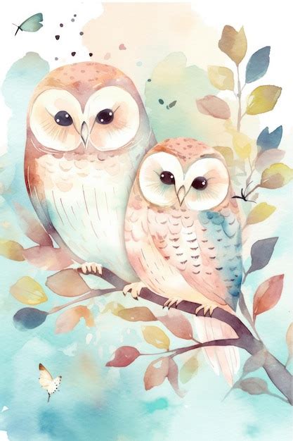 Premium AI Image A Watercolor Painting Of Two Owls On A Branch