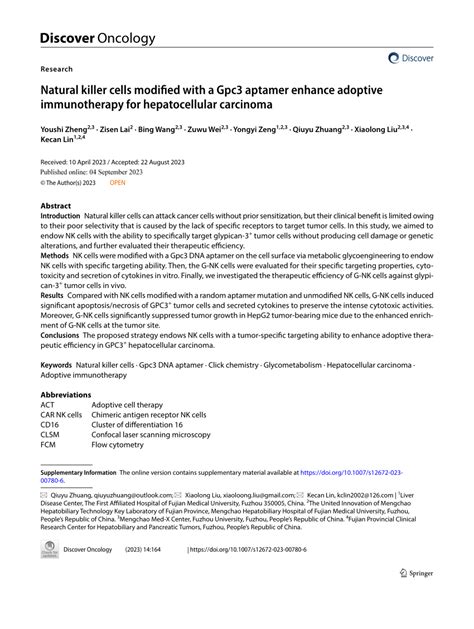 Pdf Natural Killer Cells Modified With A Gpc Aptamer Enhance