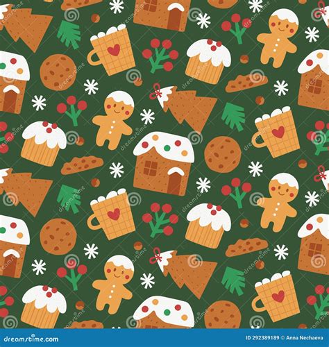 Seamless Vector Christmas Pattern With Cocoa Mulled Wine Cookies