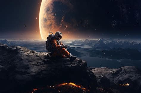 Premium Photo Lonely Astronaut Standing In Space Suit Gazing At