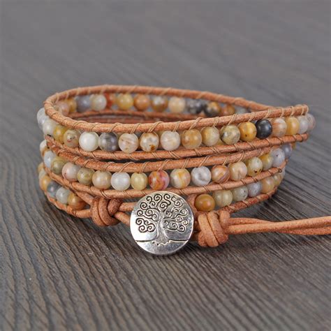 Crazy Lace Agate Beaded Leather Wrap Bracelet For Women Boho Etsy