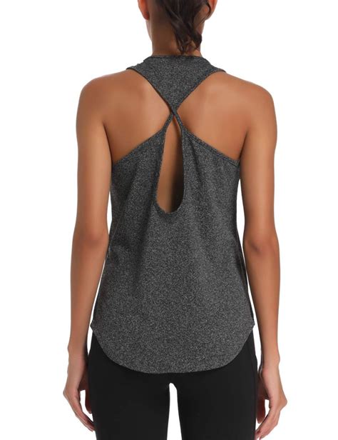 the back of a woman's tank top with an open neck and cutout