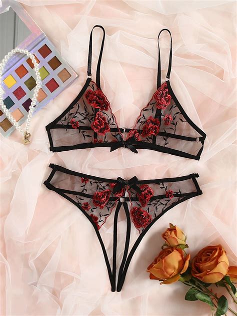 Dessous Set Mit Blume Stickerei Netz Aktuelle Trends G Nstig Kaufen